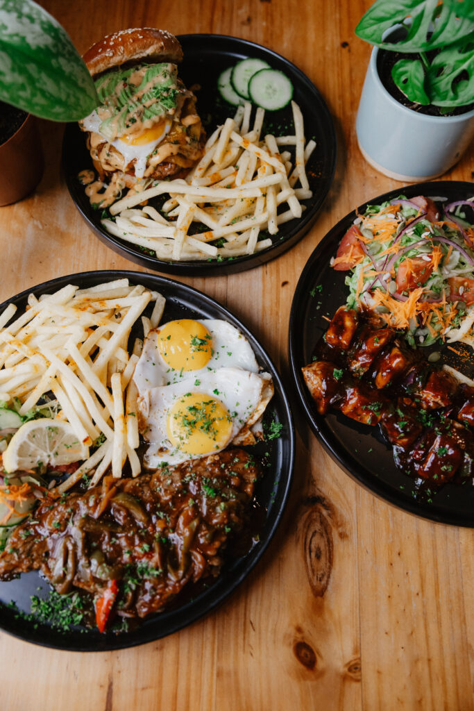 chicken kebabs, burgers, eggs, steak, chips